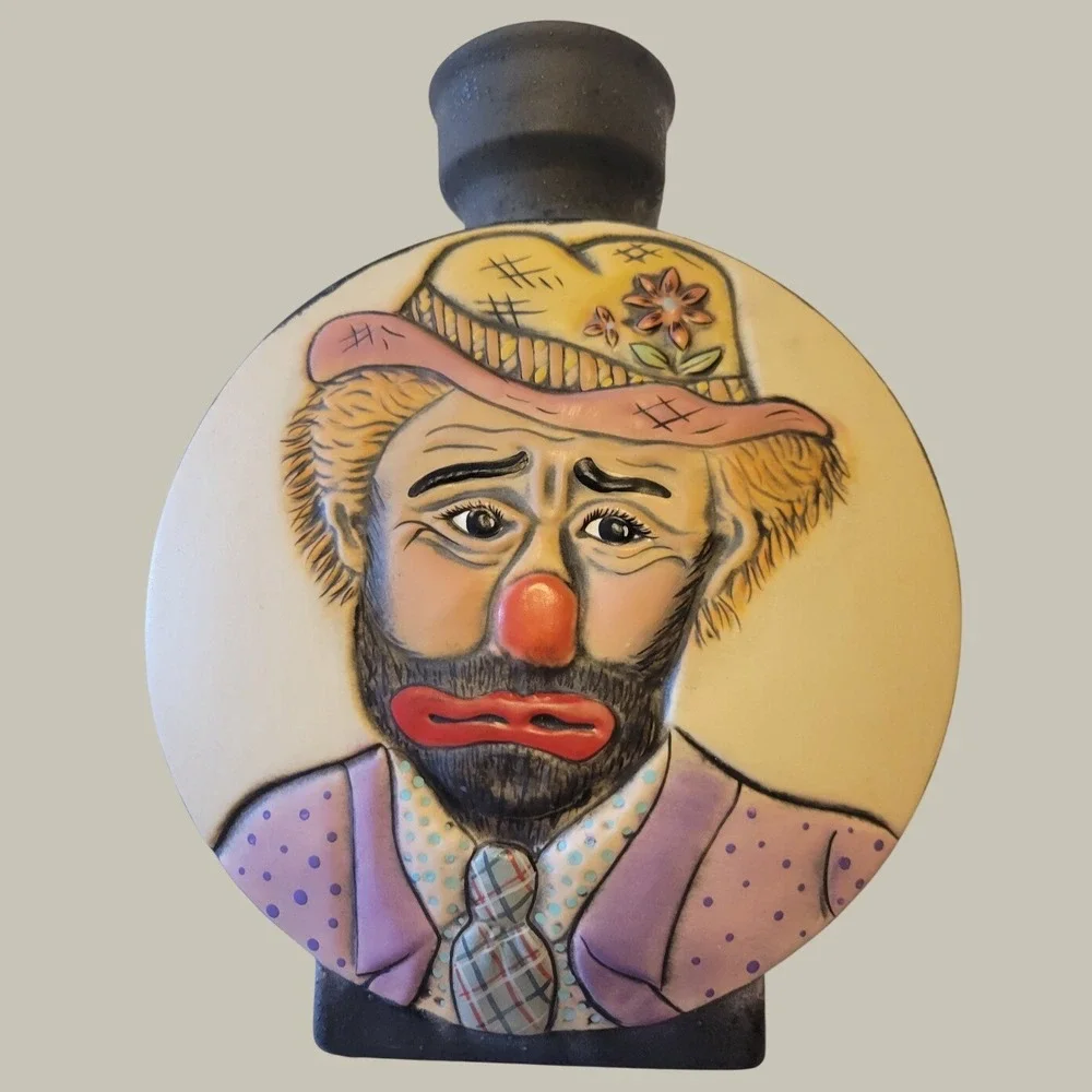 Ceramic Sad Clown Bottle Vase Decanter Vintage Kitsch Circus Core Decor Purple